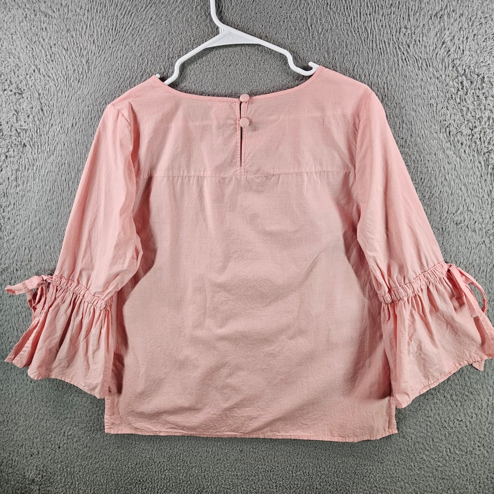 J.Crew Womens Pink Cotton Ruffle Tie Sleeve Blouse Top Medium Keyhole Back - Picture 6 of 10